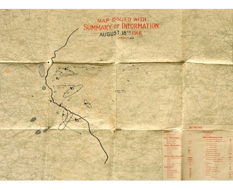 WWI map, 'Army Area Map No. 1, Map Issued with Summary of Information, August 18th 1918,' 20" x 24" (51 x 61 cm) overall, unf