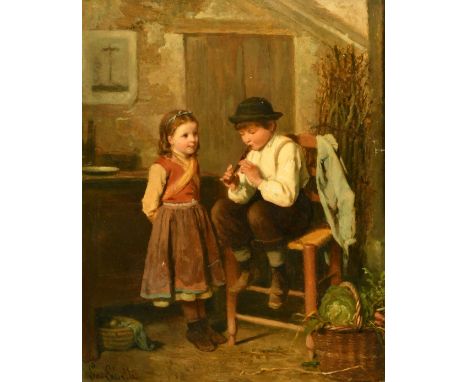 Louis-Simon Cabaillot-Lassalle (1810-1870) French, 'A Simple Tune' children playing music in a cottage interior, oil on mahog