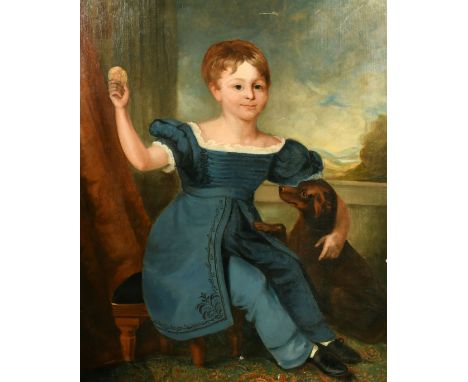 19th Century English School, a portrait of a child with a pet, oil on canvas, 36" x 28" (92 x 71cm), unframed.