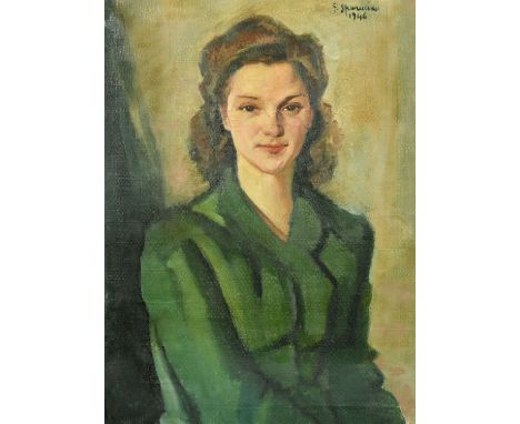 Gaetano Sparacino (20th Century) Portrait of a young woman wearing a green blouse, oil on canvas, signed and dated 1946, 22.5
