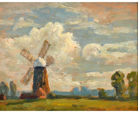 John Brown, (20th Century) A pair of landscapes, one with trees, the bother with a windmill, oil on panel, 8" x 10", (20x25.5
