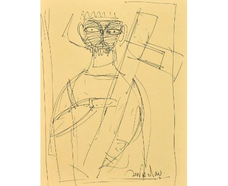 Jamini Roy (1887-1972) Indian, a sketch of a male figure holding an item, ink, signed, 8.25" x 6.5" (21 x 17cm).