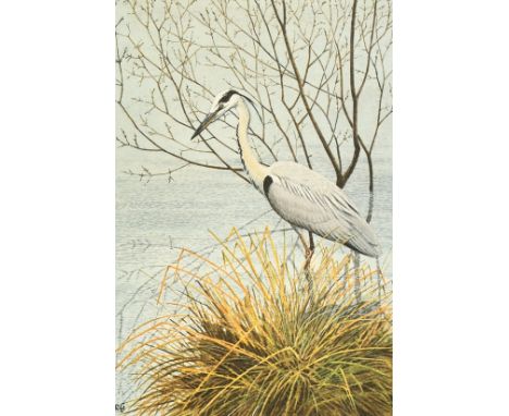 Robert Gillmor, Heron on a riverbank, colour print, numbered 106/200 and signed in pencil, 7.75" x 5.25", (20x13.5cm).