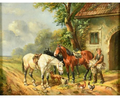 20th Century, feeding the horses, oil on panel, 8" x 10" (20 x 25cm).