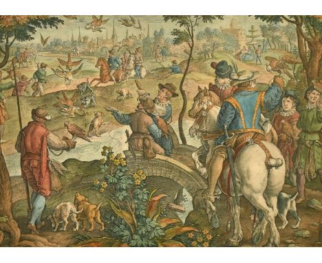 Stradanus, A hawking party, hand-coloured engraving, 7" x 10.5", (18x26cm) and two Old Master etchings by different hands, on