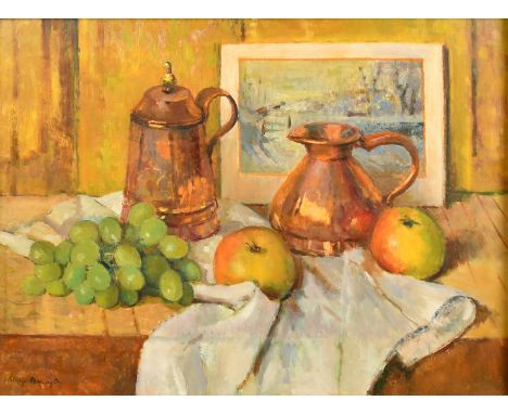 Mary Remington (1910-2003) British, 'Apples and Grapes on the Table', oil on board, signed, 15.5" x 21" (39 x 53cm).