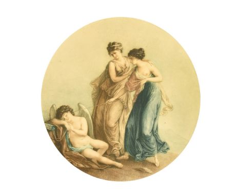 After Kauffman, a circular print of classical figures, 11.5" (29cm) diameter, along with another similar oval and a smaller p