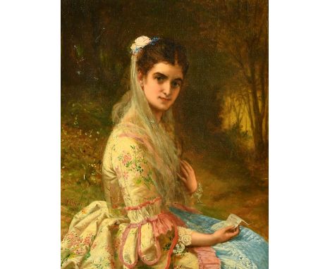 William Oliver (1823-1901) British, 'Dolly Varden', a portrait of an elegant lady holding a letter, oil on canvas, signed and