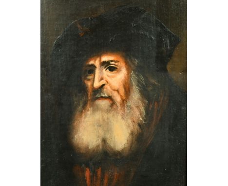 After Rembrandt, a portrait of an elderly gentleman, oil on canvas laid down, 7.5" x 6" (19 x 15cm), in an ebonised Dutch fra