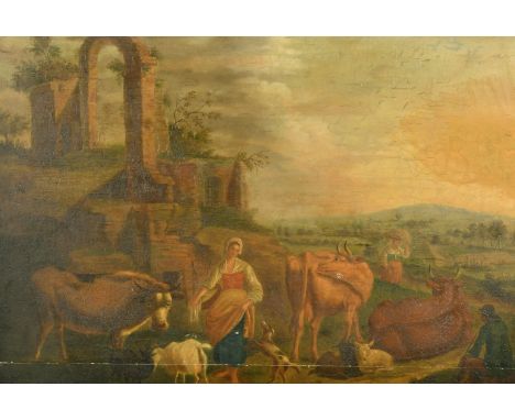 19th Century Continental School, female figures and livestock in an Arcadian landscape, oil on oak panel, 12.25 x 17.25" (31 