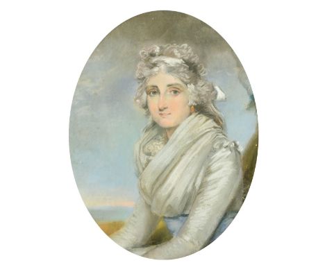 19th Century French School, a study of a lady in a white dress with a blue sash, pastel, 13" x 10" (33 x 25cm), oval.