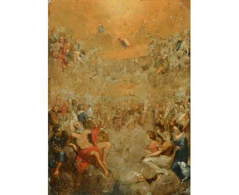 An old master painting of figures gathered beneath angels revealing themselves from the sky, also painted with a temple scene