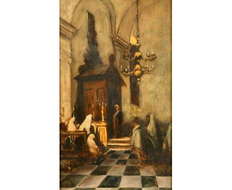 Circle of Johannes Bosboom (1817-1891) Dutch, figures in a candlelit church interior, oil on panel, indistinctly signed, 11.5
