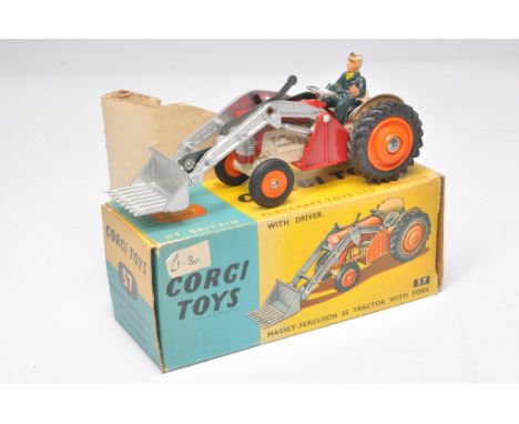 Corgi No. 57 Massey Ferguson 65 Tractor with fork. Orange plastic hubs. Displays very good with the odd minor sign of wear. I