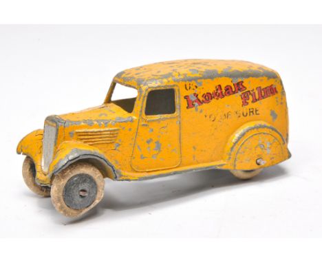 Dinky No. 28g pre-war type 2 delivery van. Kodak. Displays generally fair, with some notable fatigue in places and wear throu