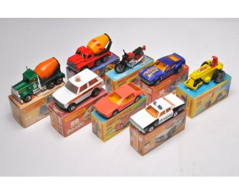 A group of Matchbox Superfast 8 boxed issues comprising no's 18 Hondarora, 21 Rod Roller, 19 Cement Truck 10 Piston Popper Ro