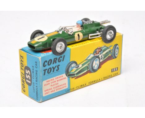 Corgi No. 155 Lotus Climax One Racing Car. Green, chrome hubs, RN1. Displays fair to good, damage to windscreen. In very good