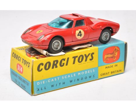 Corgi No. 314 Ferrari Berlinetta 250 Le Mans. Red, wire hubs, RN4. Displays good with some more notable marks to roof. In ver
