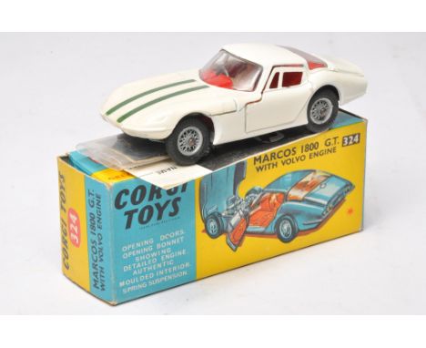 Corgi No. 324 Marcos 1800GT. White, with red interior, wire hubs. Displays mostly excellent with little sign of wear. In exce