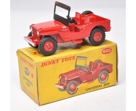 Dinky no. 405 Universal Jeep. Red including hubs. Displays generally good to very good. Little sign of wear to paint, some ru