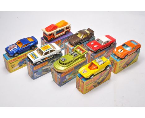 A group of Matchbox Superfast 8 boxed issues comprising no's 2 Rescue Hovercraft, 3 Monteverdi Hai, 11 Car Transporter, 10 Pi