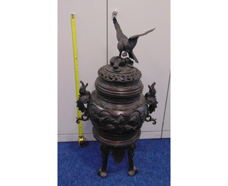 An oriental late 19th century bronze Corot incense burner with cast dragon side handles, pierced and domed pull off cover wit