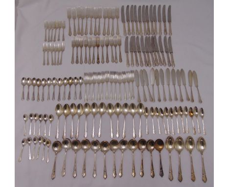 A quantity of silver plated flatware for twelve place settings to include knives, forks, spoons, pastry forks, fish knives an