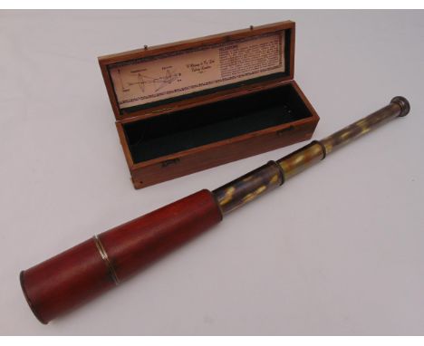 W. Ottoway &amp; Co Ltd three draw brass telescope with leather cover in fitted wooden case