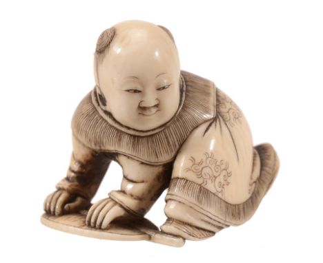 Tomokazu: An Ivory Netsuke depicting a kneeling Chinese boy in typical robes... Tomokazu: An Ivory Netsuke depicting a kneeli