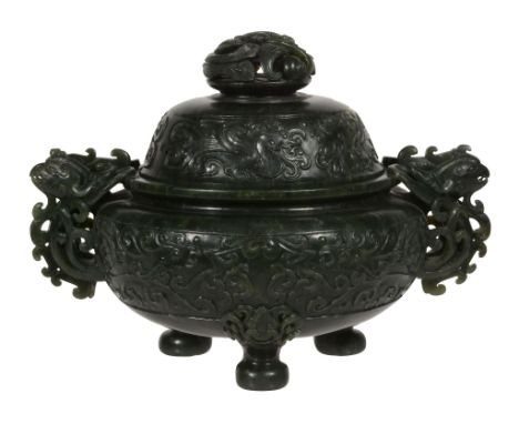 A Chinese spinach jade tripod censor and cover, 20th century A Chinese spinach jade tripod censor and cover, 20th century, of