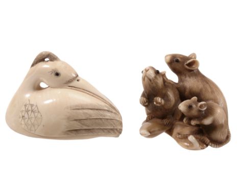 An Ivory Netsuke of three Rats , they sit and stand on two bean pods An Ivory Netsuke of three Rats , they sit and stand on t