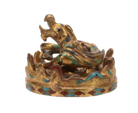 A Chinese Han-style gilt metal dragon and stand , inlaid with coloured stones A Chinese Han-style gilt metal dragon and stand