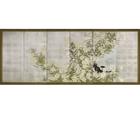 A six-fold paper screen, Taishō period, 20th century A six-fold paper screen, Taishō period, 20th century , painted in ink an