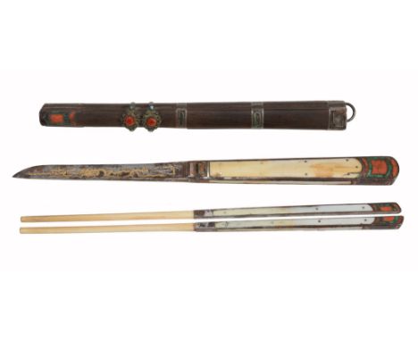 A Tibetan hardwood and steel chopstick set, 19th century, inlaid with malachite A Tibetan hardwood and steel chopstick set, 1