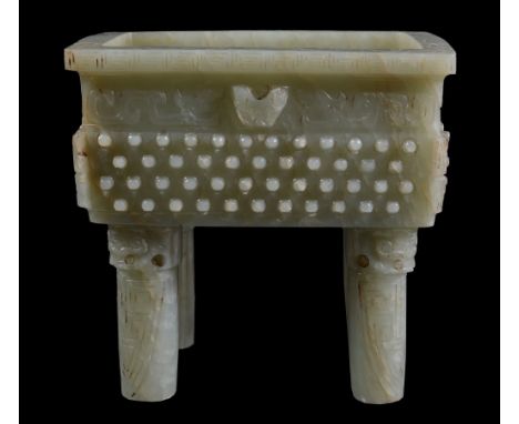 A PRIVATE FAMILY COLLECTION A fine Chinese celadon jade archaistic ritual vessel, Fang Ding, Qing Dynasty, the rectangular bo