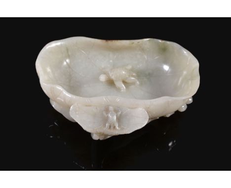 A Chinese white jade lotus leaf brush washer or bowl A Chinese white jade lotus leaf brush washer or bowl, the interior with 