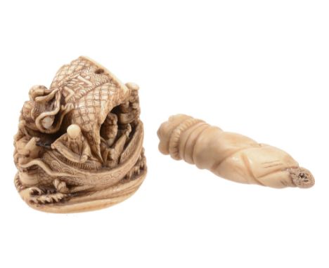 A Walrus Ivory Netsuke/Okimono of the Takarabune A Walrus Ivory Netsuke/Okimono of the Takarabune, the vessel in full sail pl