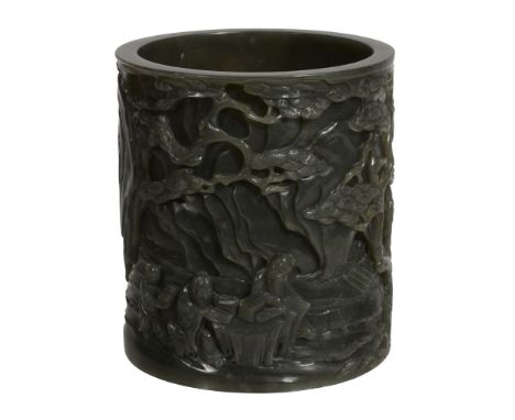 A good Chinese spinach jade carved brush pot, Bitong , 20th century A good Chinese spinach jade carved brush pot, Bitong , 20