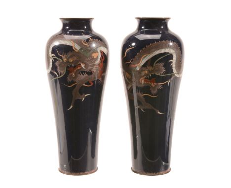 A Pair of Japanese Cloisonné Enamel Vases A Pair of Japanese Cloisonné Enamel Vases , each of tapering ovoid form rising to a