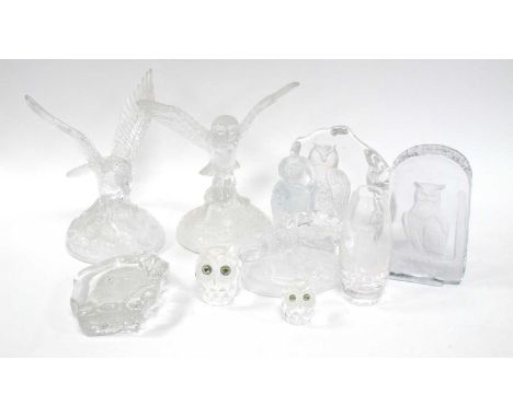 Swarovski Crystal Owl, 6.5m high, another 5cm high, Stuart Crystal bud vase with etched owl decoration, two Mats Jonasson (Sw