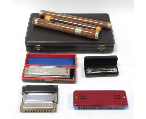 Harmonicas (Six) Including Hohner, The Bandmaster, Swan, three sectional wooden flutes? in case, (7).