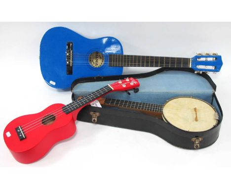 Banjo Ukelele by Marvel, in case, Palma blue small guitar, red ukelele (3).