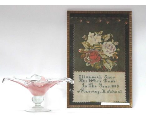 XIX Century Tapestry, featuring roses over text- Elizabeth Enos, her work done in the year 1883, Maesteg B. School, later fra