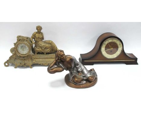 French Gilt Spelter Mantle Clock Case with Reclining Lady Atop 44cm long, (associated movement), Hermle Westminster chimes ma