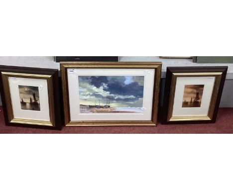 Pair of Ronald Cavalla Oil Paintings, Fishing Boats, both signed, 13 x 9cm, together with a watercolour signed by Jarvis, of 