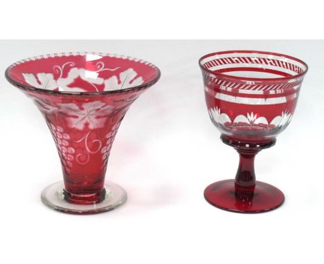 Ruby Glass Vase with Grape Foliage Decoration 18cm high, together with a ruby glass pedestal bowl 19cm (2).