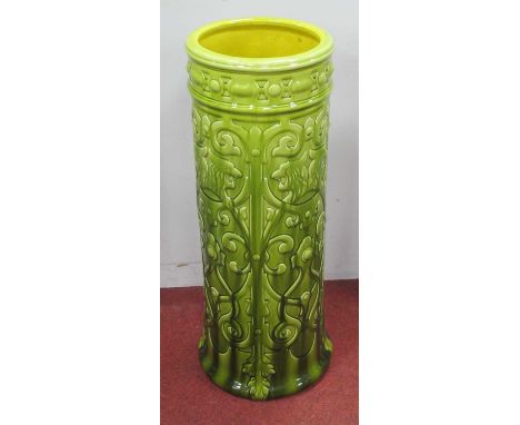 Early XX Century Bretby Green Glazed Cylindrical Pottery Stick/Umbrella Stand, decorated with foliate and iron mask heads, (d