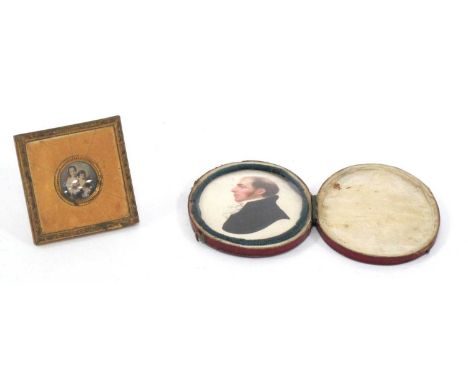 Early XX Century Oval Miniature Portrait of Gentleman in Red Morocco Folding Case 8 x 6.5cm, another circular in a square fra