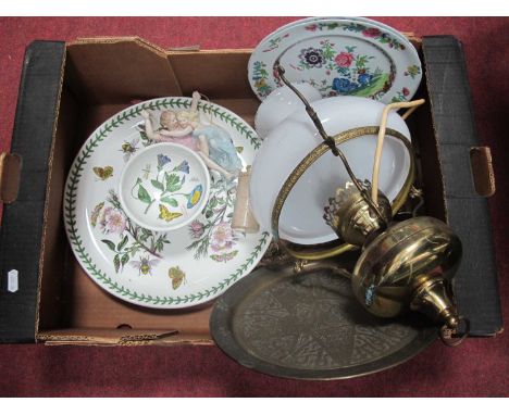 Ceiling Light, Portmeirion 'Botanic Garden' Hors d'oeurve, two Spode plates, bisque wall display, stone bottle, brass plate.