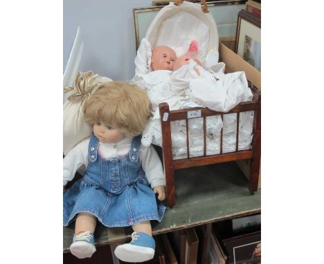 Fiba Doll, three composition dolls, dolls, cot, etc.